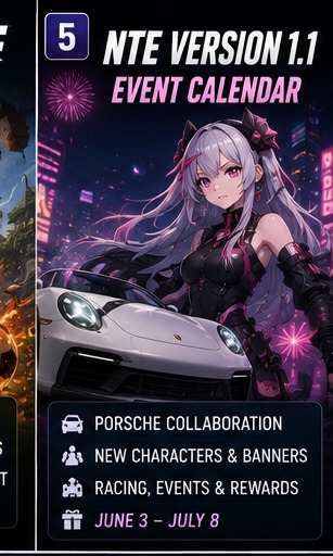 Neverness to Everness Version 1.1 calendar shows a busy month of cars, banners and chaos
