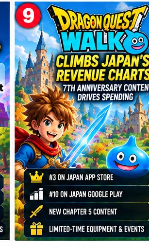 Dragon Quest Walk Climbs Japan's Mobile Charts as Seventh Anniversary Content Drives Spending